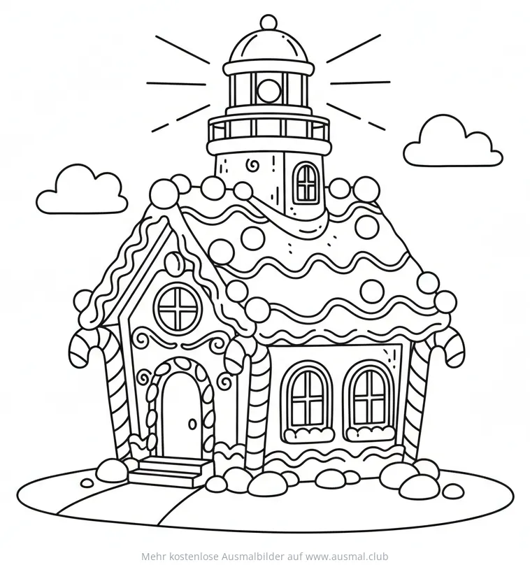 Zuckerstangen Leuchtturm Ausmalbild mit Lebkuchenhaus-Basis