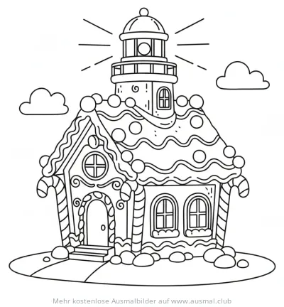 Zuckerstangen Leuchtturm Ausmalbild mit Lebkuchenhaus-Basis