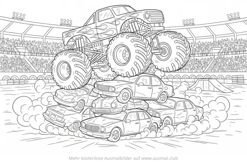 Monster Truck überrollt Autos bei Rally Ausmalbild