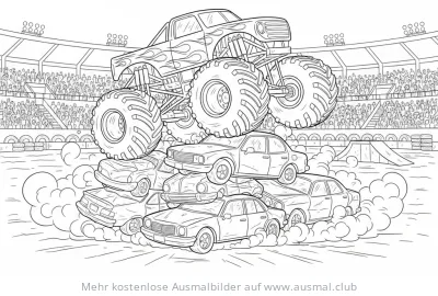 Monster Truck überrollt Autos bei Rally Ausmalbild