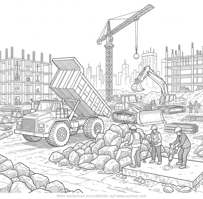 Müllwagen Ausmalbild auf einer Baustelle mit Baggern und Bauarbeitern