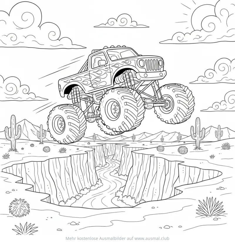 Monster Truck springt über Schlucht Ausmalbild