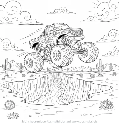 Monster Truck springt über Schlucht Ausmalbild