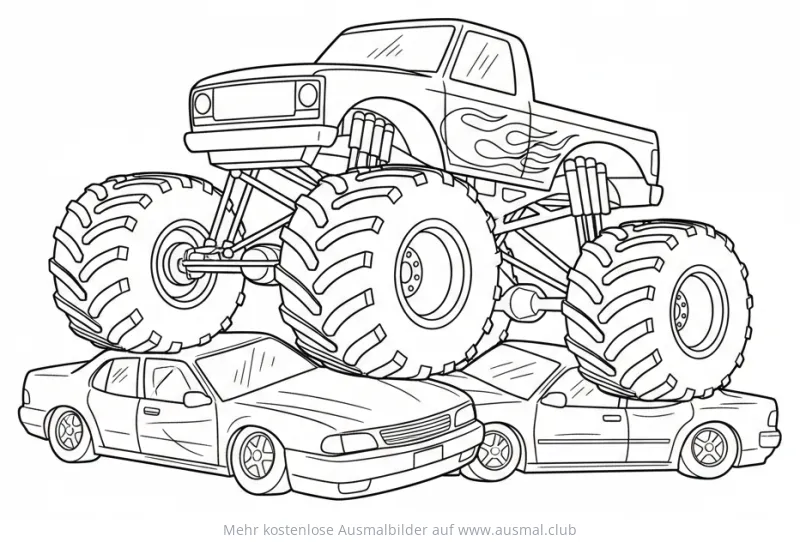 Monster Truck fährt über Autos Ausmalbild