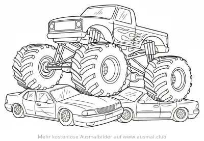 Monster Truck fährt über Autos Ausmalbild