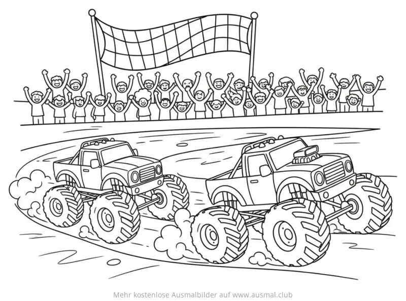 Monster Truck Rennen Ausmalbild mit jubelnder Zuschauermenge