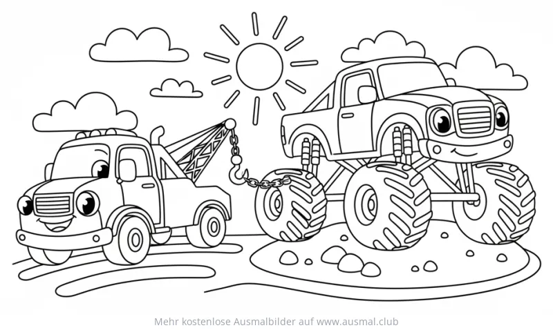 Abschleppwagen schleppt Monster Truck Ausmalbild