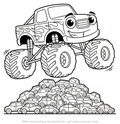 Cartoon Monster Truck springt über einen Haufen Autos Ausmalbild