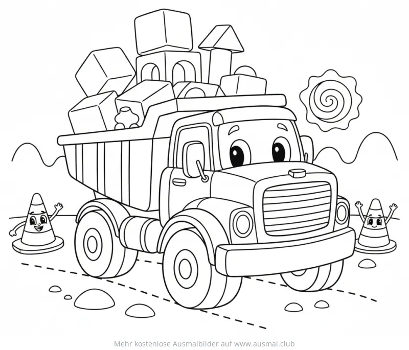 LKW mit Bauklötzen auf einer Baustelle Ausmalbild