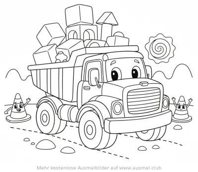 LKW mit Bauklötzen auf einer Baustelle Ausmalbild