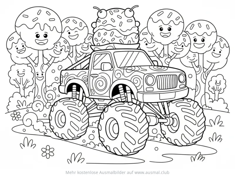 Monster Truck mit Eisbecher Ausmalbild vor Bäumen mit Gesichtern