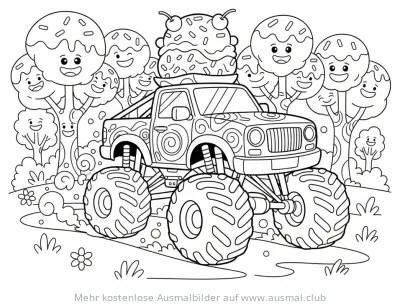Monster Truck mit Eisbecher Ausmalbild vor Bäumen mit Gesichtern