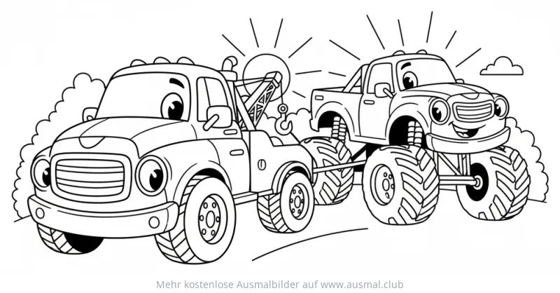 Abschleppwagen schleppt Monster Truck Ausmalbild