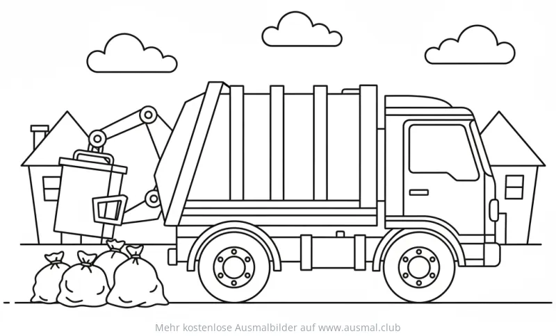 Müllwagen leert Müllcontainer Ausmalbild