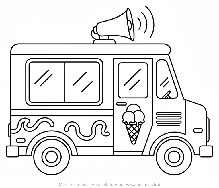 Eiswagen Ausmalbild mit Lautsprecher und Eiswaffel