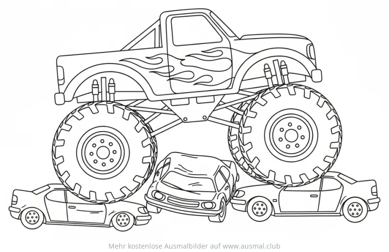 Monster Truck überrollt Autos Ausmalbild