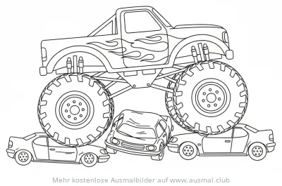 Monster Truck überrollt Autos Ausmalbild