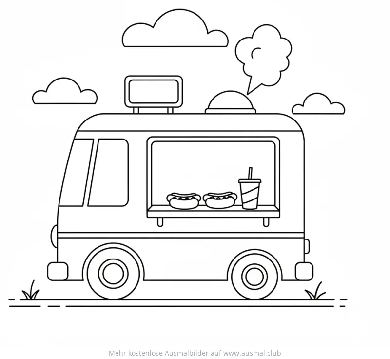 Food Truck Ausmalbild mit Hotdogs und Getränk