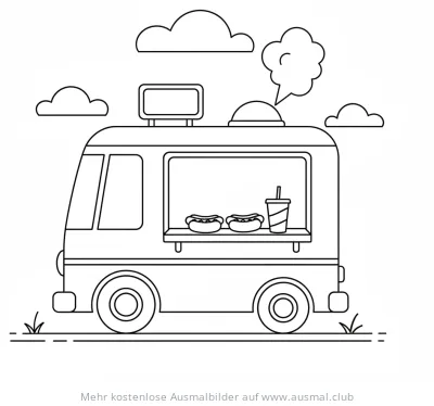 Food Truck Ausmalbild mit Hotdogs und Getränk