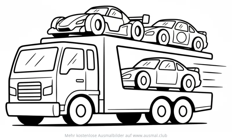 Renntruck mit drei Rennwagen Ausmalbild