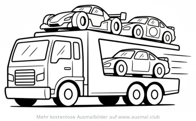 Renntruck mit drei Rennwagen Ausmalbild