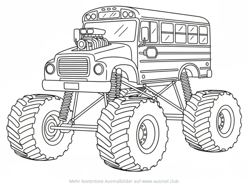 Schulbus Monster Truck Ausmalbild mit großen Reifen