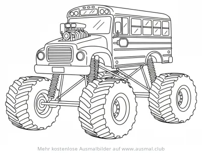 Schulbus Monster Truck Ausmalbild mit großen Reifen