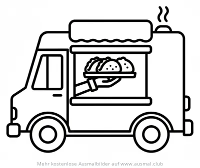 Taco Truck Ausmalbild mit Tacos im Fenster