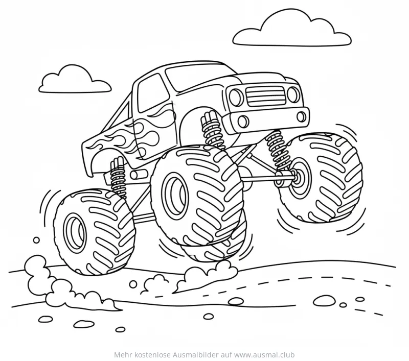 Springender Monster Truck mit Flammen Ausmalbild