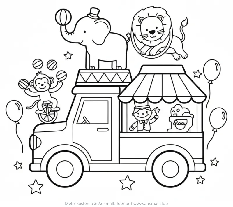 Zirkus Truck Ausmalbild mit Elefant, Affe und Löwe