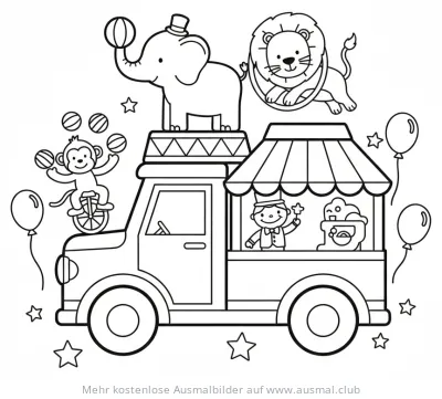 Zirkus Truck Ausmalbild mit Elefant, Affe und Löwe