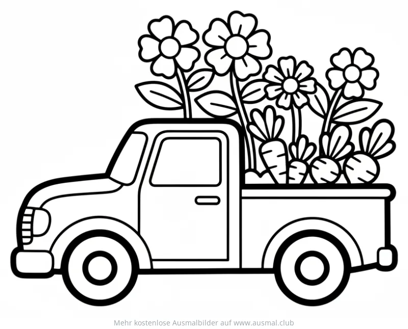 Garten Truck Ausmalbild mit Blumen und Karotten