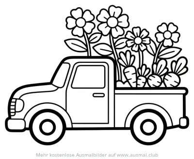Garten Truck Ausmalbild mit Blumen und Karotten