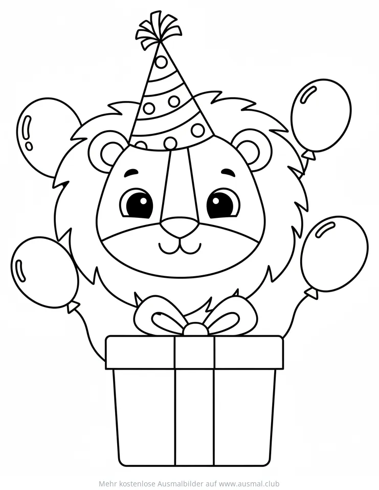 Löwe mit Geburtstagshut Ausmalbild
