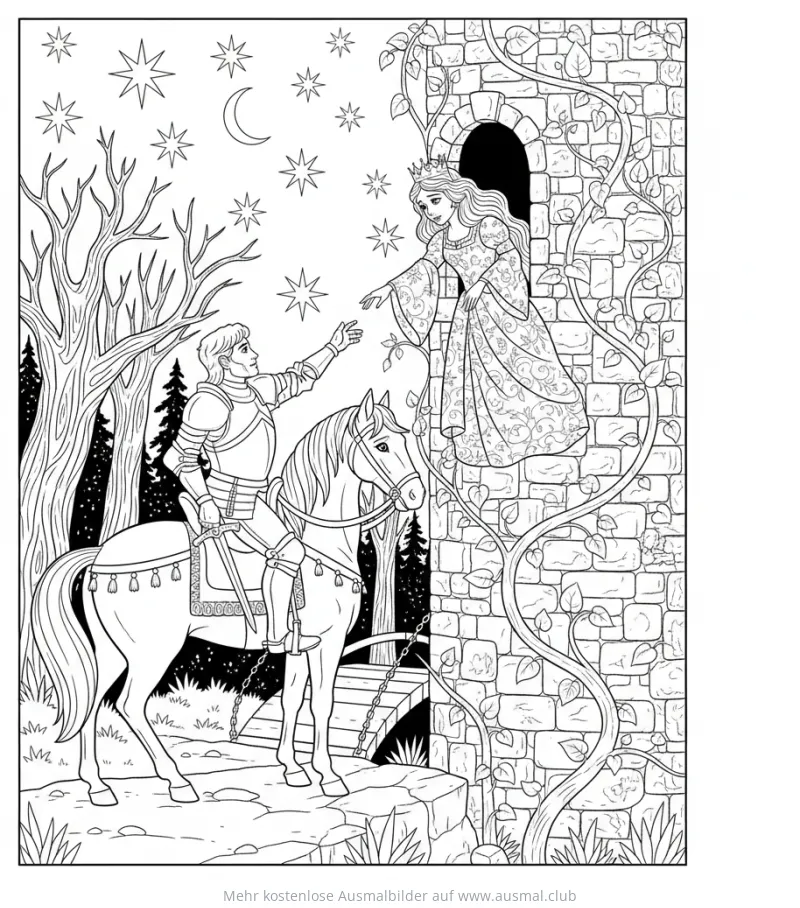 Ritter auf Pferd trifft Prinzessin im Turm Ausmalbild