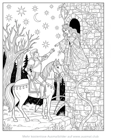 Ritter auf Pferd trifft Prinzessin im Turm Ausmalbild
