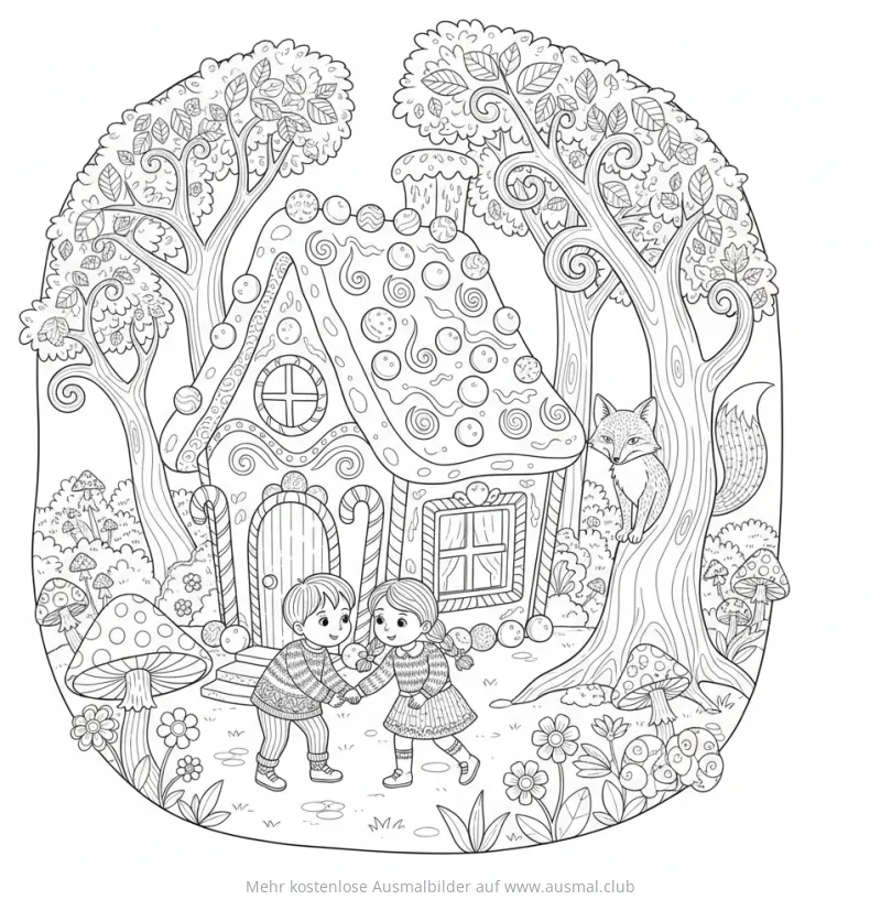 Hexenhaus Ausmalbild mit Kindern und Fuchs im Märchenwald