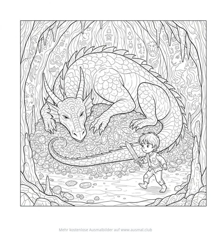 Drache bewacht Schatz, Junge mit Schwert Ausmalbild