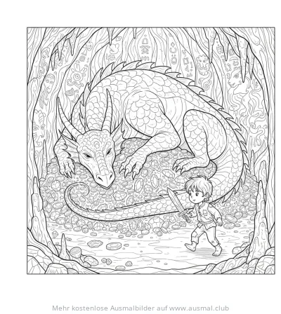 Drache bewacht Schatz, Junge mit Schwert Ausmalbild