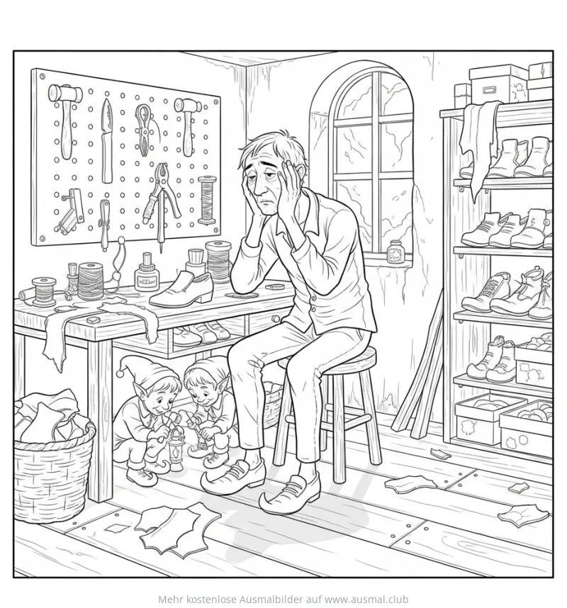 Schuhmacher mit Elfen Ausmalbild in der Werkstatt