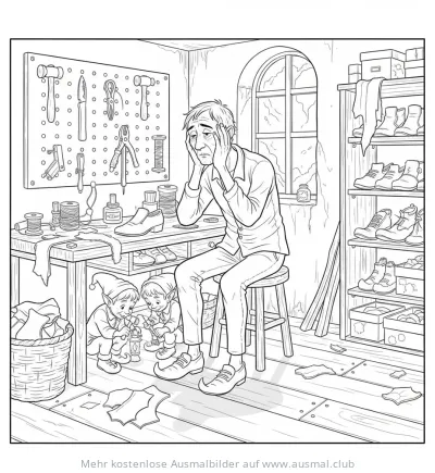 Schuhmacher mit Elfen Ausmalbild in der Werkstatt