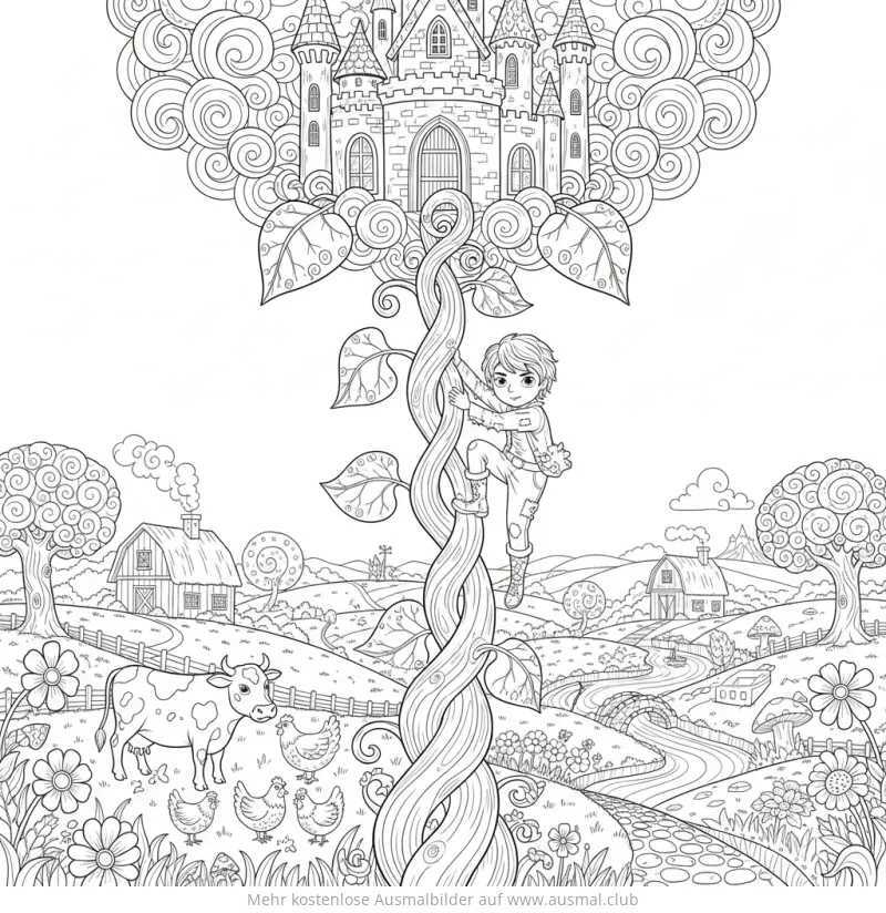 Junge klettert Bohnenranke zum Schloss Ausmalbild