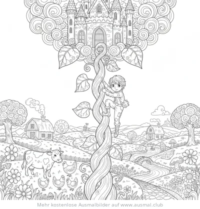 Junge klettert Bohnenranke zum Schloss Ausmalbild