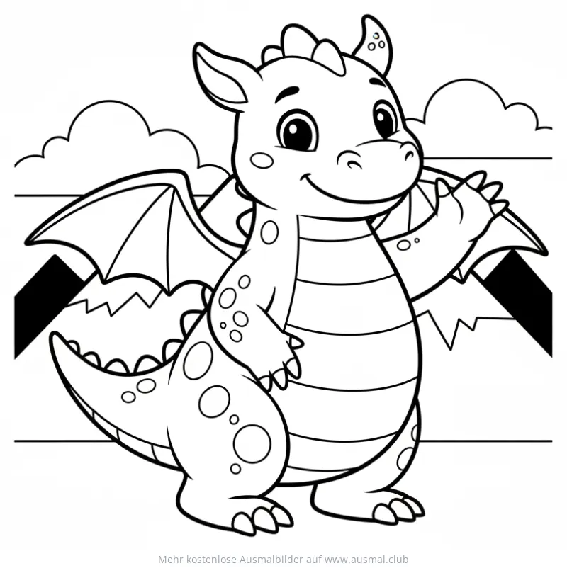 Freundlicher Drache Ausmalbild vor Berglandschaft