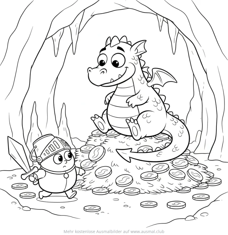 Drache sitzt auf Goldschatz in Höhle, Ritter nähert sich Ausmalbild