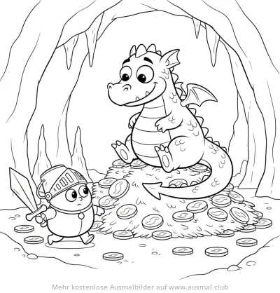 Drache sitzt auf Goldschatz in Höhle, Ritter nähert sich Ausmalbild