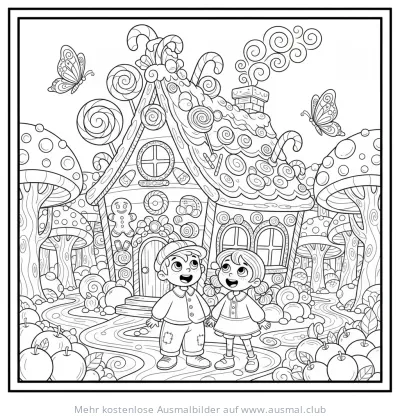 Hexenhaus mit Kindern Ausmalbild