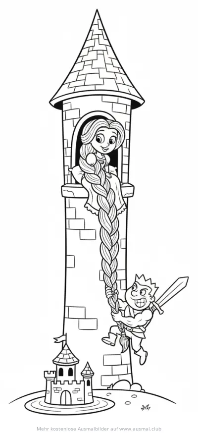 Rapunzel im Turm mit Ritter am Zopf Ausmalbild