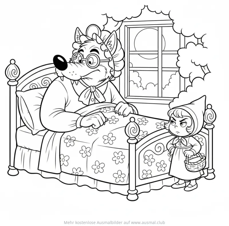 Rotkäppchen und der Wolf im Bett Ausmalbild