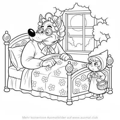 Rotkäppchen und der Wolf im Bett Ausmalbild